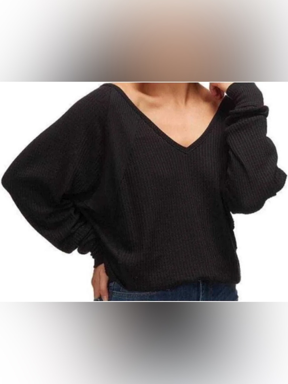Free People We The Free Santa Clara Long Sleeve Thermal Knit Top Black XS EUC